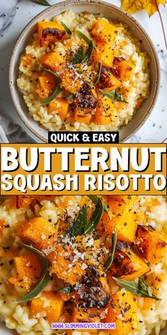 butternut squash risotto in a bowl with sage leaves on top and the words quick & easy butternut squash risotto above it