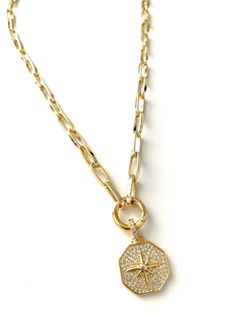 FAST FREE SHIPPING!   18K Gold Plated/Gold Filled Pave CZ North Star Pendant Necklace   Available in 16, 17, 18 or 20 inches with 2 inch adjustable extender Lobster clasp. Pave North Star Charm With beautiful CZ Bale measures 17 x 15mm Click ring charm holder opens allowing you to wear beach lace with pendant or charm of your choice. Gold Star Charm Necklace With Lobster Clasp, Gold Star-shaped Charm Necklace With Lobster Clasp, Compass Pendant, Charm Holder, Star Pendant Necklace, Necklace Charm, Trombone, North Star, Star Pendant