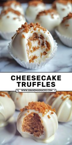 cheesecake truffles with white frosting and cinnamon crumbs on top