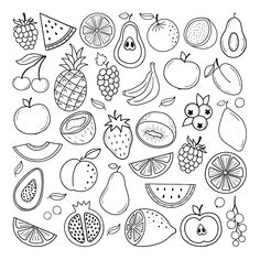 a bunch of fruit that is drawn in black and white