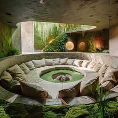 a living room filled with lots of couches covered in green plants and moss growing on the walls