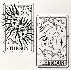 two playing cards with the sun and the moon in black ink on white card board