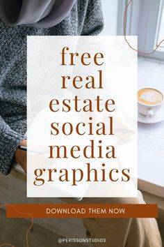 a woman holding a book with the text free real estate social media graphics on it