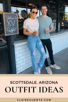 two people standing in front of a coffee shop with the words scottsdale, arizona outfit ideas