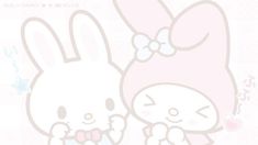 an image of two cute rabbits holding each other's hands in front of a pink background