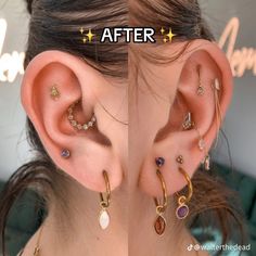 the before and after photo shows how to wear ear piercings with different colored stones