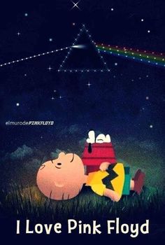 a cartoon character laying on the ground with a rainbow in the sky behind him and text that reads, i love pink floyd