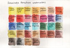 watercolor swatches with different colors and names in each color, including red, yellow, blue, green, orange, and purple