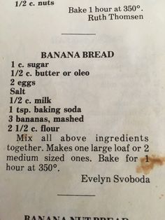 an old recipe for banana bread is shown