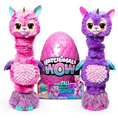 two purple and pink llamas next to an egg with the words hatchimals wow on it