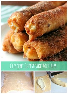 several different types of cheesecake roll ups on a white plate with text overlay that reads, crescent cheesecake roll - ups