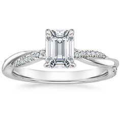 Emerald Cut Petite Twisted Vine Hidden Halo Diamond Engagement Ring - 18K White Gold. This beautiful ring features a shimmering strand of pavé diamonds entwined with a lustrous ribbon of precious metal. A hidden halo of more diamonds creates an alluring, look of extra shimmer (1/10 total carat weight). Emerald Cut Engagement Ring, Pear Diamond Rings, Unique Engagement Ring Settings, Three Stone Diamond Ring, Emerald Cut Engagement, Elegant Engagement Rings, Three Stone Diamond, Bridesmaid Jewelry Sets, Engagement Rings Platinum