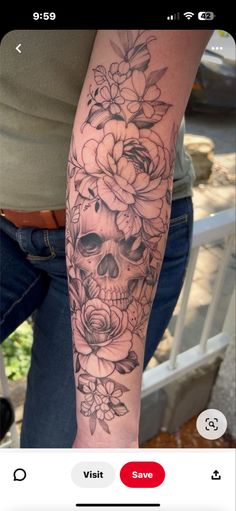 Sleeve Tattoos For Women Meaningful, Spooky Floral Tattoo, Pretty Skull Tattoos, Female Arms, Floral Skull Tattoos, Girly Skull Tattoos, Halloween Sleeve, Minimalist Symbols, Simple Symbols