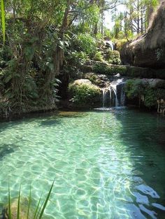 the water is crystal clear and there are some people swimming in it at the bottom of the waterfall