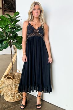 S / Black Aurelle Floral Crochet Lace Maxi Dress - FINAL SALE - Madison and Mallory Bohemian Spaghetti Strap Dress With Crochet Trim, Bohemian Dress With Crochet Trim And Spaghetti Straps, Flowy Lace Dresses With Lace Back, Backless Lace Dress With Lace Trim, Sleeveless Lace Dress With Lace Back, Summer Backless Dresses With Scalloped Lace, Black Lace Midi Dress With Lace Bodice, Summer Beach Maxi Dress With Scalloped Lace, Spring Backless Lace Dress With Lace Bodice