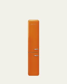 an orange refrigerator against a white background