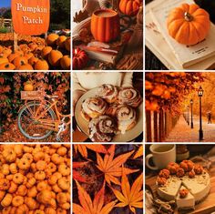 there are many different pictures with pumpkins and cakes on them, including orange leaves