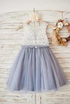 Ivory Lace Gray Tulle Sheer Back Wedding Flower Girl Dress with Belt #uniqueweddingideas Grey Tulle Skirt, Blue Tulle Skirt, Blue Wedding Flowers, Illusion Tulle, Wedding Flower Girl Dresses, Flower Girl Dress Lace, Blue Tulle, Flower Girl Dresses Tulle, Wedding Flower Girl