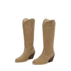 Shop Women's Camel Suede Embroidered Cowboy Boots Block Heel Pointed Toe Knee High Boots color Camel for Dancing Club, Night Club, Party with worldwide Free shipping & Free return. Winter Mid-calf Boots For Ranch, Mid-calf Boots For Western-themed Winter Events, Western Beige Boots For Winter, Winter Rodeo Heeled Boots, Winter Knee-high Boots For Western-themed Events, Mid-calf Winter Ranch Boots, Spring Ranch-style Knee-high Boots With Round Toe, Brown Embroidered Winter Boots, Mid-calf Heeled Boots For Western-themed Events