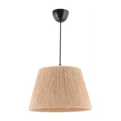 a light fixture with a beige shade hanging from it's side on a white background