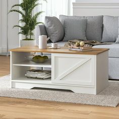 a living room with a couch, coffee table and potted plant on the floor