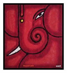 an elephant painted in red and yellow with white tusks on it's face