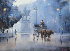 a painting of a horse drawn carriage in the rain