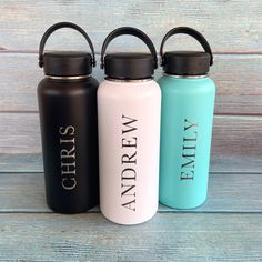 "This listing is for ONE personalized engraved 32 oz. stainless steel double-walled water bottle with one lid (engraving is one side only). The engraving color is silver-colored with your choice of bottle color. Choose your bottle color and cap style. The bottle is approximately 9\" tall and 3.7\" wide. Hand wash recommended. Proof/text mock up is not included for this listing. Font/text size may vary depending on number/type of characters. HOW TO ORDER: 1) Choose a water bottle color*. 2) Choos Engraved Water Bottles, Water Bottle Personalized, Custom Flask, Personalized Water Bottle, Personalized Flasks, Sports Bottle, Groomsman Gift, Personalized Bottles, Cap Style