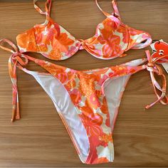 Cider Floral Bikini Nwt Tie Bikini Underwire Cups No Padding Casual Orange Floral Print Swimwear, Orange Tropical Swimwear With Floral Print, Orange Floral Print Beachy Swimwear, Orange Floral Print Triangle Top Swimwear, Beachy Floral Print Festival Swimwear, Cider, Bathing Suits, Womens Swim, Pink And Orange