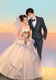 a painting of a bride and groom standing next to each other in front of a sunset