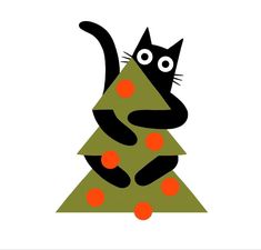 a black cat sitting on top of a christmas tree