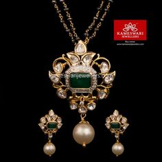 Polki Pendant Set, Polki Pendant, Kameswari Jewellers, Black Beats, Gold Temple Jewellery, Gold Pearl Jewelry, Pendant Sets, Baby Bangles