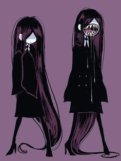 two women with long hair and fangs on their faces are standing in front of a purple background