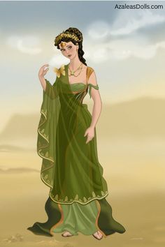 a drawing of a woman in a green dress with a flower in her hand and clouds in the background