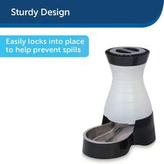 a black and white object with the words, study design easily locks into place to help prevent spills