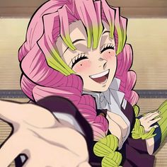 an anime character with pink hair and green eyes pointing to the right while holding her hand out