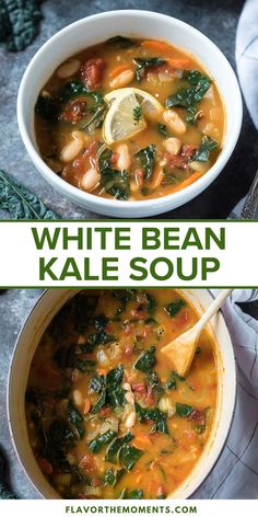 two bowls of white bean kale soup with lemon wedges and spinach on the side