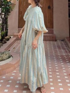 Light blue and beige striped maxi dress - Wapas Christmas Light Ornament, Balloon Sleeve Dress, Lantern Sleeve Dress, Exclusive Dress, Long Dress Casual, Striped Maxi, Striped Maxi Dresses, Boho Maxi, Vacation Style