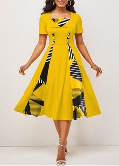 Color:Yellow;Size:S;Size:M;Size:L;Size:XL;Size:XXL;Package Contents:1 X Dress;Occasion:Other;Style:Bohemian; Casual Dresses Plus Size, Fashion Dresses Online, Stripe Outfits, Vestido Plus Size, Square Neck Dress, Trendy Fashion Outfits, Round Neck Dresses, Plus Size Kleidung, Short Sleeve Dress