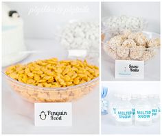 there are many different types of snacks in the bowl and on the table, including popcorn