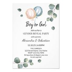 baby shower party with balloons and eucalyptus leaves