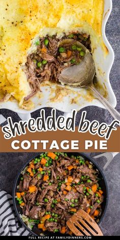 shredded beef cottage pie in a casserole dish