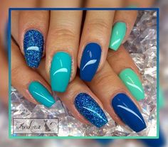 Green Blue Nails, Blue And Green Nails, Sprinkle Nails, Nail Polish Art Designs, August Nails, Turquoise Nails, Plain Nails, Squoval Nails