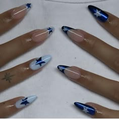 Colorful Star Nails, Blue Star Nails, Cowboys Nails, Dallas Cowboys Nails, Nails Long Stiletto, Stiletto Press On Nails, Cowboy Nails, Gel X Nails, Fake Nails Long