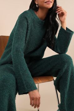 Cozy up on the couch and get ready for a relaxing weekend with the Lulus Signature Sunday Dark Green Raglan Sleeve Pullover Sweater! Lightweight fuzzy sweater knit shapes this cozy sweater that has long raglan sleeves and a crew neckline. A notched, slightly high-low hem completes the look. Pair with the matching pants for a complete look! Fit: This garment fits true to size. Length: Size medium measures 21.75" from shoulder to hem. Bust: Great for any cup size. Waist: Not Fitted - comfortable room throughout midsection. Undergarments: May be worn with any standard bra. Fabric: Fabric is very stretchy. Unlined. 53% Polyester, 25% Acrylic, 20% Recycled Polyester, 2% Spandex. Hand Wash Cold. Do Not Bleach. Line Dry. Iron Low Heat. Imported. Lulus | Signature Sunday Dark Green Raglan Sleeve P Forest Green Sweater Outfit, Relaxing Weekend, Raglan Pullover, Fuzzy Sweater, Comfortable Room, Matching Pants, Cozy Sweater, Cup Size, Sweater Knit