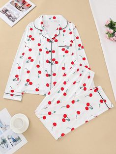 2pcs Cherry Print Sleepwear Set For Women, Autumn/Winter. Includes Long Sleeve Lapel Button Up Shirt And Elastic Waist Loose Pants, Comfortable Loungewear And Casual Indoor/Outdoor Thermal Wear White Cute,Casual-Young    Fruit&Vegetable,All Over Print Pant Sets Slight Stretch All,Fall/Winter Women Sleep & Lounge, size features are:Bust: ,Length: ,Sleeve Length: Winter Loungewear, Pyjama Trend, Comfortable Loungewear, Cute Pajama Sets, Cute Lazy Day Outfits, Lazy Day Outfits, Cute Pajamas, Cherry Print, Womens Pyjama Sets