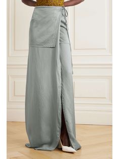 Chic Satin Maxi Skirt For Work, Satin Floor-length Skirt For Spring, Floor-length Satin Skirt For Spring, Spring Floor-length Satin Skirt, Asymmetrical Relaxed Maxi Skirt With Side Slits, Spring Silk Long Wrap Skirt, Silk Long Wrap Skirt For Spring, Silk Wrap Skirt With Relaxed Fit, Silk Long Wrap Skirt With Relaxed Fit