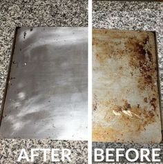 before and after photos of rusted metal on granite countertops, left with the top removed