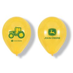 two yellow balloons with the john deere logo and tractor on them, sitting side by side