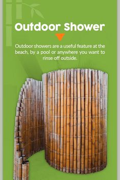 an advertisement for a bamboo shower with the words outdoor shower on it's side